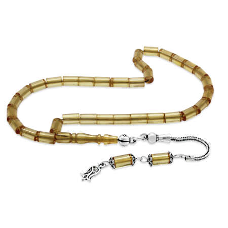 925 Ayar Gümüş Püsküllü Kesme Kesim Mini Boy Saman Sarı Ateş Kehribar Tesbih - Tesbihane