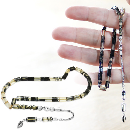 925 Ayar Gümüş Püsküllü Kesme Kesim Mini Boy Siyah Beyaz Ateş Kehribar Tesbih - Tesbihane