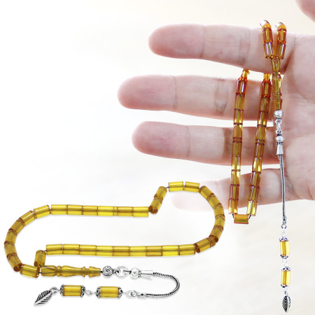 925 Ayar Gümüş Püsküllü Kesme Kesim Mini Boy Soft Sarı Ateş Kehribar Tesbih - Tesbihane