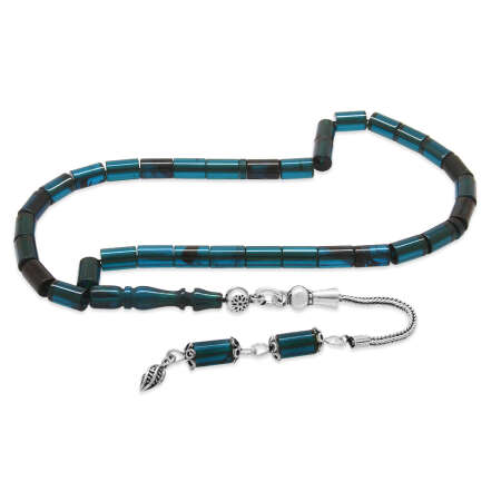 925 Ayar Gümüş Püsküllü Kesme Kesim Mini Boy Turkuaz Siyah Ateş Kehribar Tesbih - Tesbihane