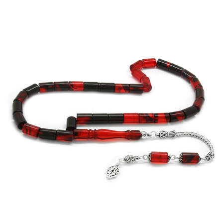 925 Ayar Gümüş Püsküllü Kesme Kesim Kırmızı-Siyah Sıkma Kehribar Tesbih - Tesbihane