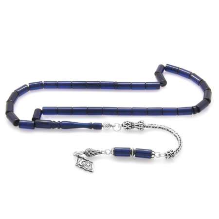 925 Ayar Gümüş Püsküllü Kesme Kesim Lacivert Sıkma Kehribar Tesbih - Tesbihane