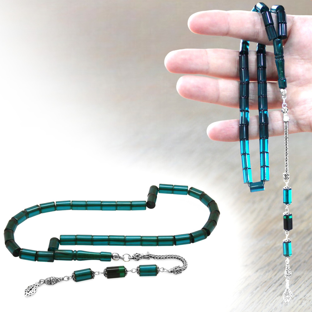 925 Ayar Gümüş Püsküllü Kesme Kesim Petrol Yeşili Siyah Ateş Kehribar Tesbih - 1