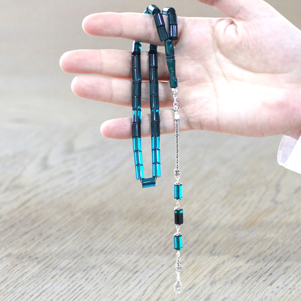 925 Ayar Gümüş Püsküllü Kesme Kesim Petrol Yeşili Siyah Ateş Kehribar Tesbih - 2