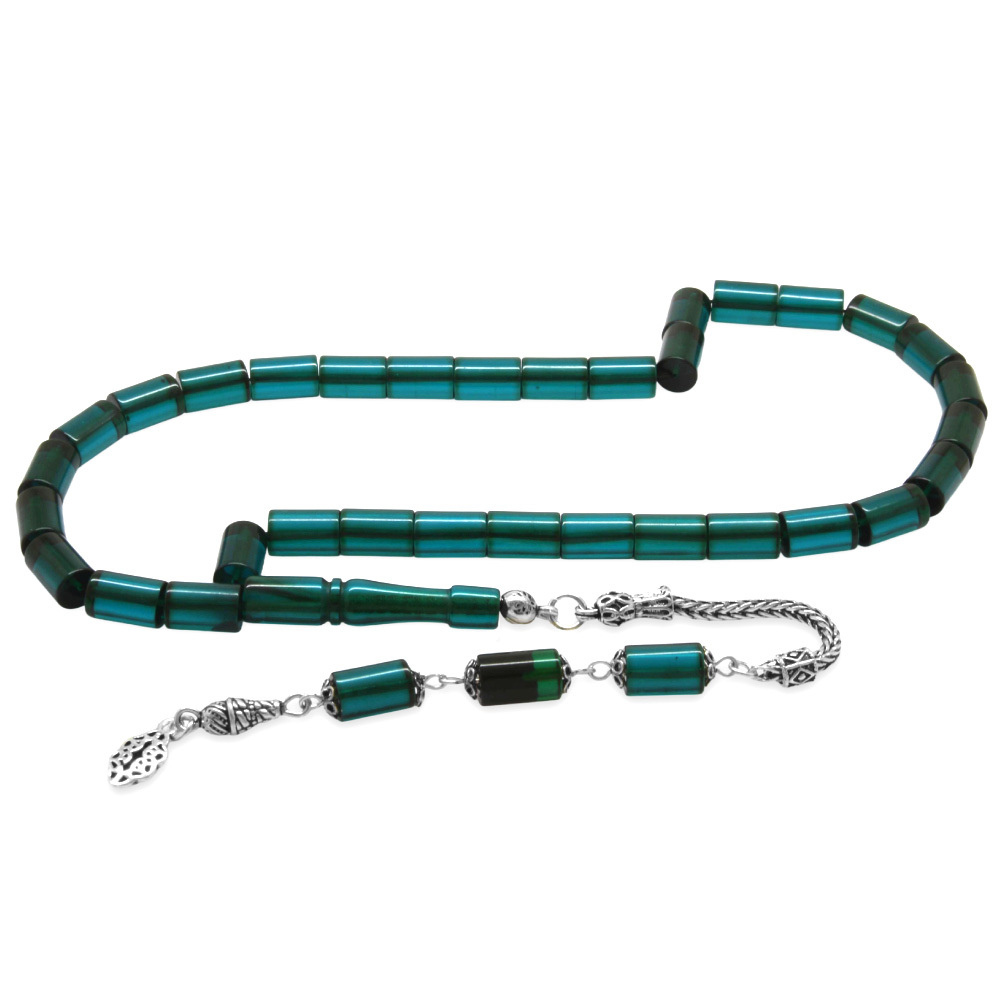 925 Ayar Gümüş Püsküllü Kesme Kesim Petrol Yeşili Siyah Ateş Kehribar Tesbih - 4