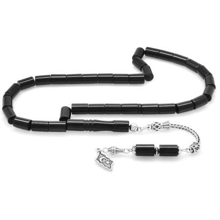 925 Ayar Gümüş Püsküllü Kesme Kesim Siyah Sıkma Kehribar Tesbih - Tesbihane