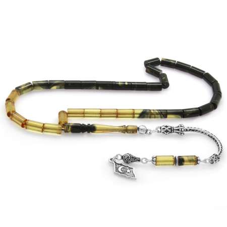 925 Ayar Gümüş Püsküllü Kesme Kesim Süzme Siyah Beyaz Ateş Kehribar Tesbih - Tesbihane