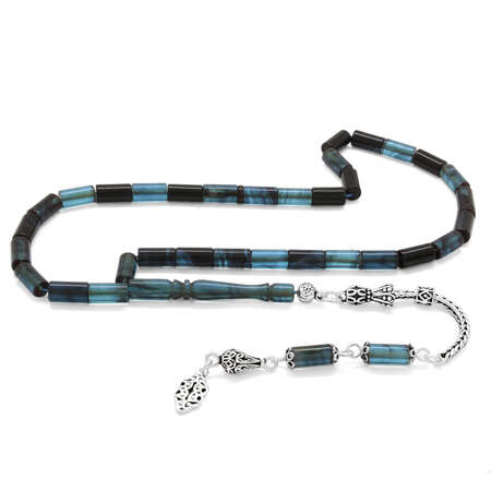 925 Ayar Gümüş Püsküllü Kesme Kesim Turkuaz-Siyah Ateş Kehribar Tesbih - Tesbihane