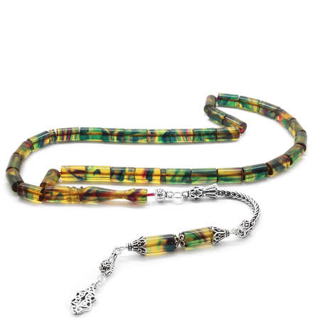 925 Ayar Gümüş Püsküllü Kesme Kesim Yeşil-Sarı Sıkma Kehribar Tesbih - Tesbihane