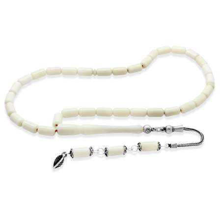 925 Ayar Gümüş Püsküllü Kırmızı İpli Uçlu Kapsül Kesim Deve Kemiği Tesbih - Tesbihane