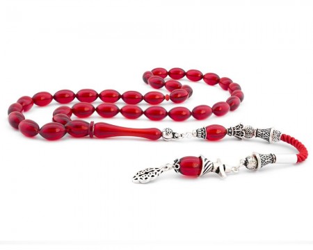 925 Ayar Gümüş Püsküllü Kırmızı Sıkma Kehribar Tesbih - Tesbihane