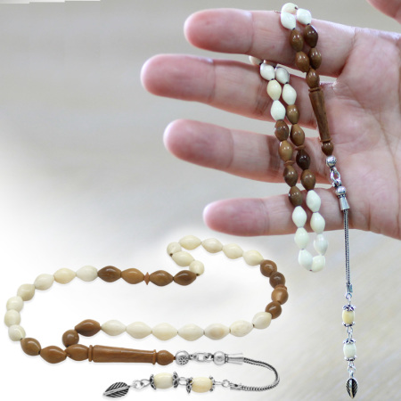 925 Ayar Gümüş Püsküllü Kuka İmameli Arpa Kesim Naturel Renk Deve Kemiği Tesbih - Tesbihane