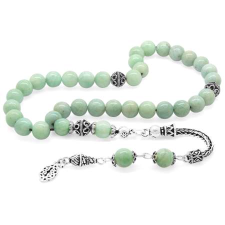 925 Ayar Gümüş Püsküllü Küre Kesim Amazonit Doğaltaş Tesbih - Tesbihane