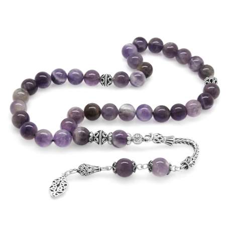 925 Ayar Gümüş Püsküllü Küre Kesim Ametist Doğaltaş Tesbih - Tesbihane