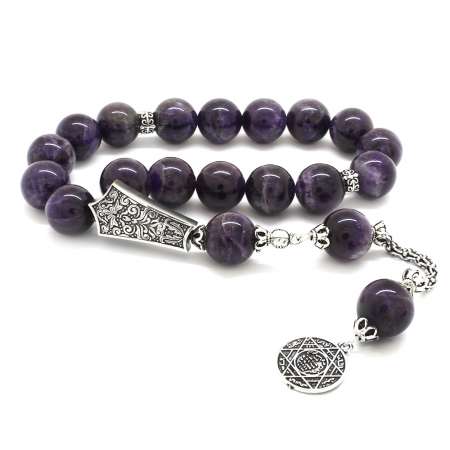 925 Ayar Gümüş Püsküllü Küre Kesim Ametist Efe Tesbih - Tesbihane