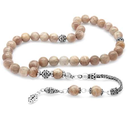 925 Ayar Gümüş Püsküllü Küre Kesim Ay Taşı Doğaltaş Tesbih - Tesbihane