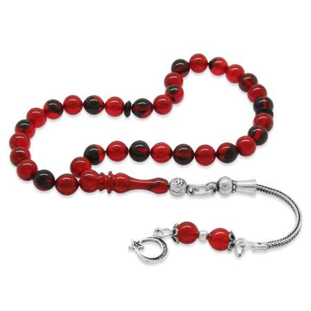 925 Ayar Gümüş Püsküllü Küre Kesim Bilek Boy Kırmızı Siyah Ateş Kehribar Tesbih - Tesbihane