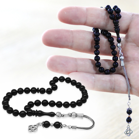 925 Ayar Gümüş Püsküllü Küre Kesim Bilek Boy Mavi Siyah Sıkma Kehribar Tesbih - Tesbihane