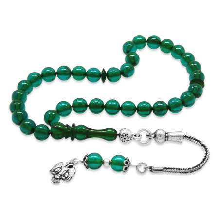 925 Ayar Gümüş Püsküllü Küre Kesim Bilek Boy Turkuaz Ateş Kehribar Tesbih - Tesbihane