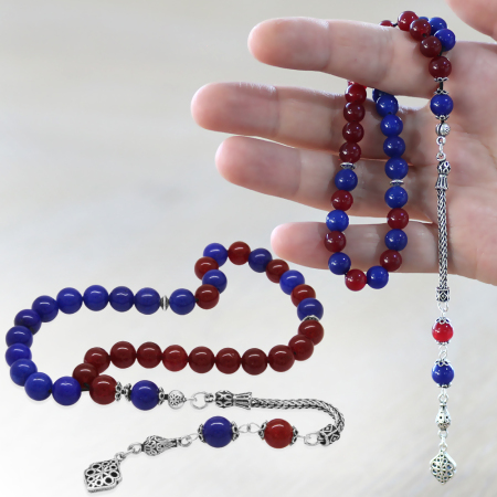 925 Ayar Gümüş Püsküllü Küre Kesim Bordo Mavi Jade Doğaltaş Taraftar Tesbih - Tesbihane