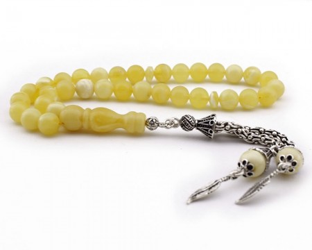 925 Ayar Gümüş Püsküllü Küre Kesim Damla Kehribar Tesbih - M2 - Tesbihane