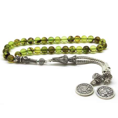 925 Ayar Gümüş Püsküllü Küre Kesim Dominik Damla Kehribar Tesbih - Tesbihane