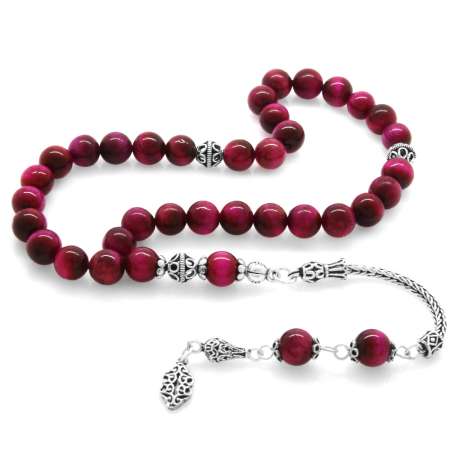 925 Ayar Gümüş Püsküllü Küre Kesim Fuşya Renk Kaplan Gözü Doğaltaş Tesbih - Tesbihane