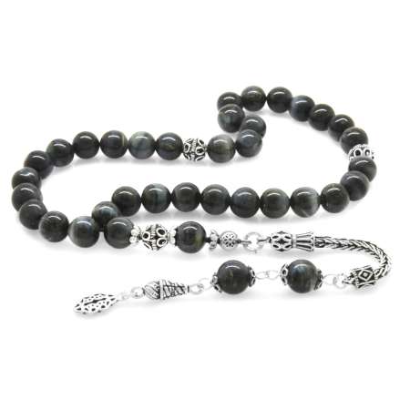 925 Ayar Gümüş Püsküllü Küre Kesim Gri Kaplan Gözü Doğaltaş Tesbih - Tesbihane