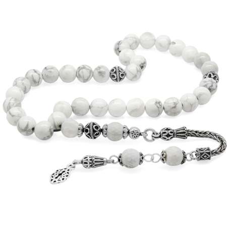 925 Ayar Gümüş Püsküllü Küre Kesim Havlit Doğaltaş Tesbih - Tesbihane