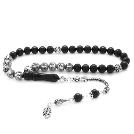 925 Ayar Gümüş Püsküllü Küre Kesim İsim Yazılı Erzurum Oltu Taşı Tesbih - Tesbihane