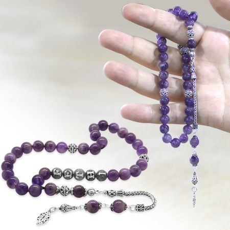 925 Ayar Gümüş Püsküllü Küre Kesim İsim Yazılı Hareli Ametist Doğaltaş Tesbih - Tesbihane