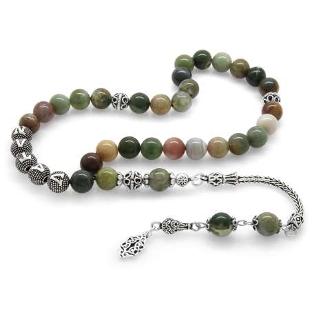 925 Ayar Gümüş Püsküllü Küre Kesim İsim Yazılı Yosun Akik Doğaltaş Tesbih - Tesbihane