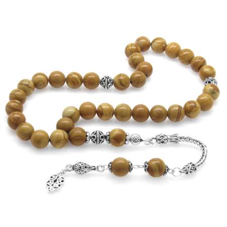 925 Ayar Gümüş Püsküllü Küre Kesim Kahverengi Jasper Doğaltaş Tesbih - Tesbihane