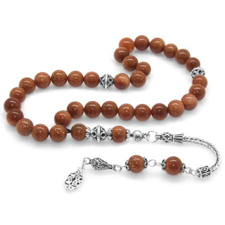 925 Ayar Gümüş Püsküllü Küre Kesim Kahverengi Yıldız Taşı Doğaltaş Tesbih - Tesbihane