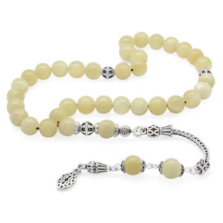 925 Ayar Gümüş Püsküllü Küre Kesim Kalsit Doğaltaş Tesbih - Tesbihane