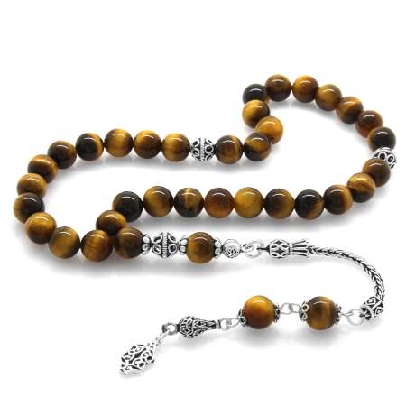 925 Ayar Gümüş Püsküllü Küre Kesim Kaplan Gözü Doğaltaş Tesbih - Tesbihane