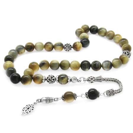 925 Ayar Gümüş Püsküllü Küre Kesim Karışık Renk Kaplan Gözü Doğaltaş Tesbih - Tesbihane