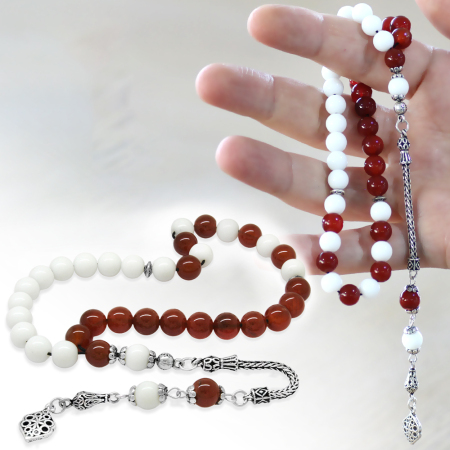 925 Ayar Gümüş Püsküllü Küre Kesim Kırmızı Beyaz Jade Akik Doğaltaş Taraftar Tesbih - Tesbihane