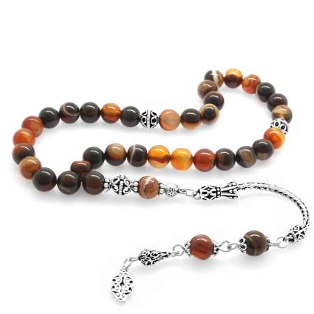 925 Ayar Gümüş Püsküllü Küre Kesim Kırmızı Siyah Akik Doğaltaş Tesbih - Tesbihane