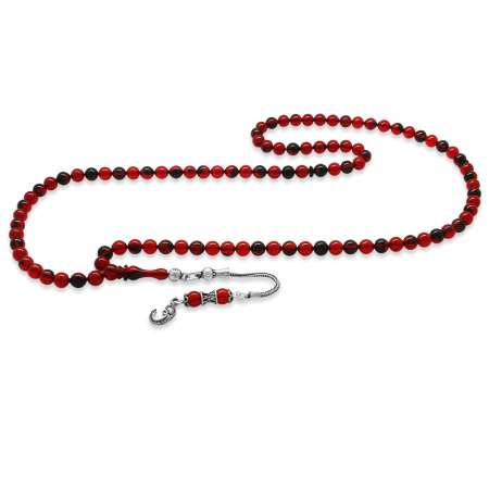 925 Ayar Gümüş Püsküllü Küre Kesim Kırmızı Siyah Ateş Kehribar 99 Taneli Namaz Tesbihi - Tesbihane