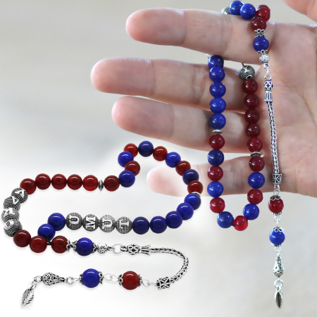 925 Ayar Gümüş Püsküllü Küre Kesim İsme Özel Yazılı Bordo Mavi Jade Doğaltaş Taraftar Tesbih - Tesbihane