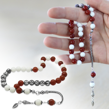 925 Ayar Gümüş Püsküllü Küre Kesim İsme Özel Yazılı Kırmızı Beyaz Jade Akik Doğaltaş Taraftar Tesbih - Tesbihane