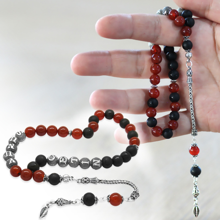 925 Ayar Gümüş Püsküllü Küre Kesim İsme Özel Kırmızı Siyah Oniks Akik Doğaltaş Taraftar Tesbih - Tesbihane