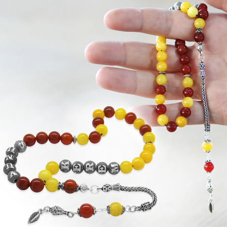 925 Ayar Gümüş Püsküllü Küre Kesim İsme Özel Yazılı Sarı Kırmızı Jade Akik Doğaltaş Taraftar Tesbih - Tesbihane