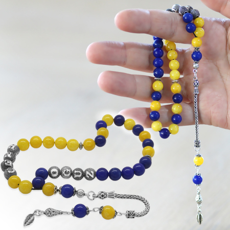 925 Ayar Gümüş Püsküllü Küre Kesim İsme Özel Yazılı Sarı Lacivert Jade Doğaltaş Taraftar Tesbih - Tesbihane