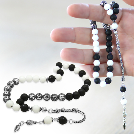 925 Ayar Gümüş Püskül Küre Kesim İsme Özel Siyah Beyaz Jade Ayyıldız Oniks Doğaltaş Taraftar Tesbih - Tesbihane