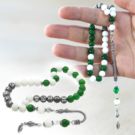 925 Ayar Gümüş Püsküllü Küre Kesim İsme Özel Yazılı Yeşil Beyaz Jade Doğaltaş Taraftar Tesbih - Tesbihane