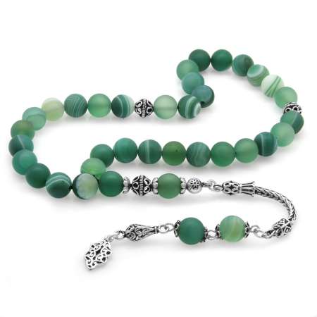 925 Ayar Gümüş Püsküllü Küre Kesim Mat Yeşil Beyaz Akik Doğaltaş Tesbih - Tesbihane