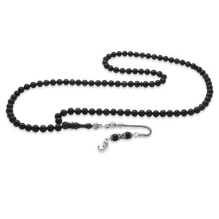 925 Ayar Gümüş Püsküllü Küre Kesim Mavi Siyah Sıkma Kehribar 99 Taneli Namaz Tesbihi - Tesbihane