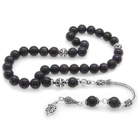 925 Ayar Gümüş Püsküllü Küre Kesim Mavi Yıldız Taşı Doğaltaş Tesbih - Tesbihane